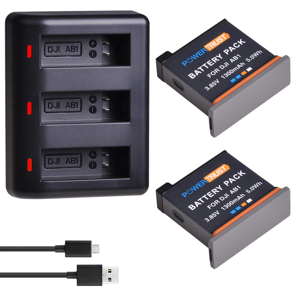 PowerTrust 2Pack 3.85V 1300mAh AB1 Battery + Rapid 3-Channel USB Charger for DJI Osmo Action Sports Camera AB1 Battery with Type C Port