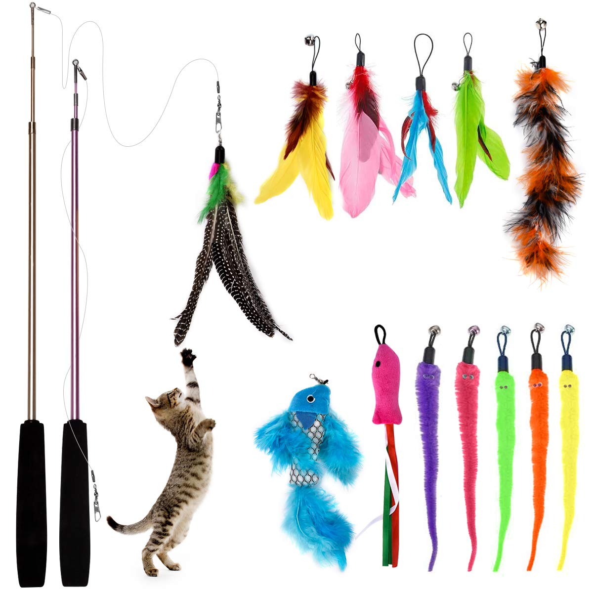 Bojafa Cat Toys for Indoor Cats Adult: Interactive Kitten Feather Wand Toys - 15Pcs Cat Teaser Toys