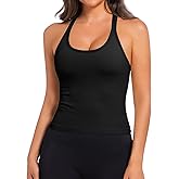 Tpleetkee Built in Bra Tank Tops for Women Scoop Neck Longline Workout Tank Top Ribbed Seamless Yoga Racerback Tank Shirts