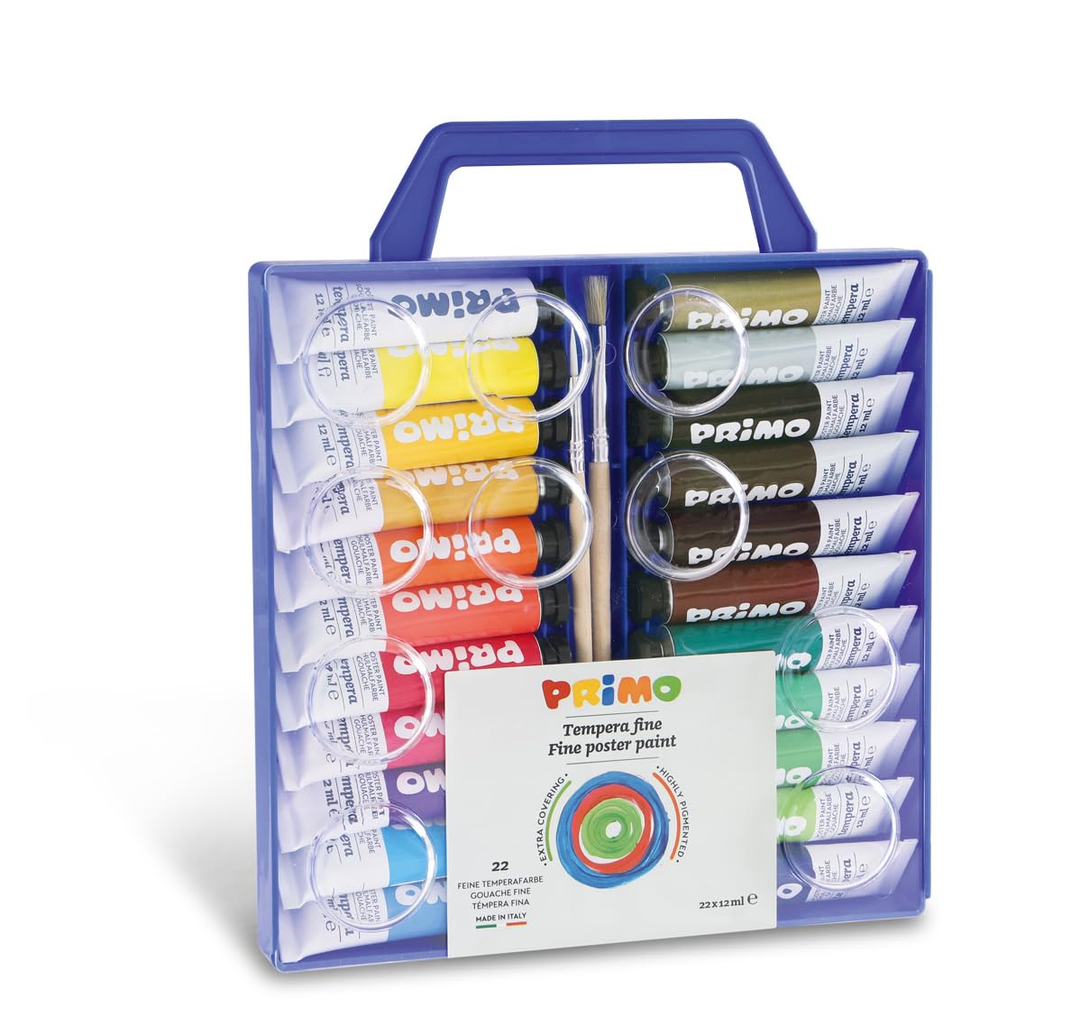 Morocolor PRIMO, Tempera to paint 22 colors briefcase with lid palette and washable tempera brushes for children tempera colors 12ml aluminum tube, high pigmentation, Made in Italy