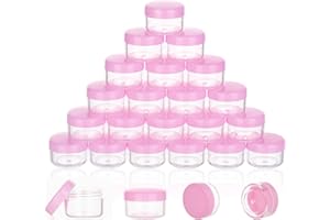 ZEJIA 5 Gram Sample Containers with Lids, Mini Makeup Containers, Empty Plastic Travel Cosmetic Containers with Labels(25 Count, Pink Lid)