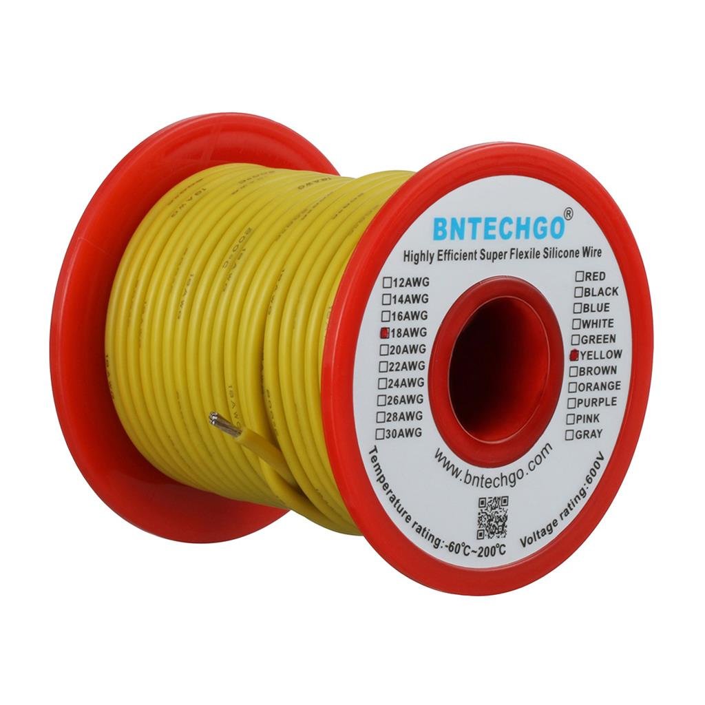 BNTECHGO 18 Gauge Silicone Wire Spool Yellow 100 ft Ultra Flexible High Temp 200 deg C 600V 18AWG Silicone Rubber Wire 150 Strands of Tinned Copper Wire Stranded Wire for Model Low Impedance
