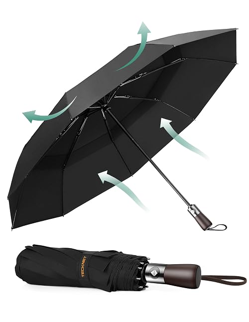 TECKNET Umbrella Windproof Strong Real Wood Handle Auto Open Close Vented Double Canopy - Portable Compact Folding Travel Umbrella, Strong Fiberglass Frame for Men and Women
