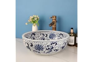 KECTIAKL Round Bathroom Vessel Sink Bowl,18 Inch Blue and White Porcelain Ceramic Vessel Sink Above Counter Art Sink Basin with Bamboo Shape Faucet and Pop-Up Drain Combo