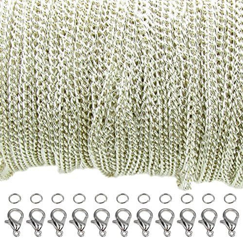 Dcatcher 39 Feet Curb Chain Necklace Bulk Cable 2.5mm Width with 30 Lobster Clasps and 100 Open Jump Rings for Jewelry Making (Silver)