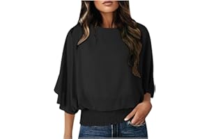 Women's 3/4 Sleeve Tops Chiffon Solid Ruffled Shirts Crew Neck Dressy Business Casual Blouse Fashion Spring Loose Fit Shirt
