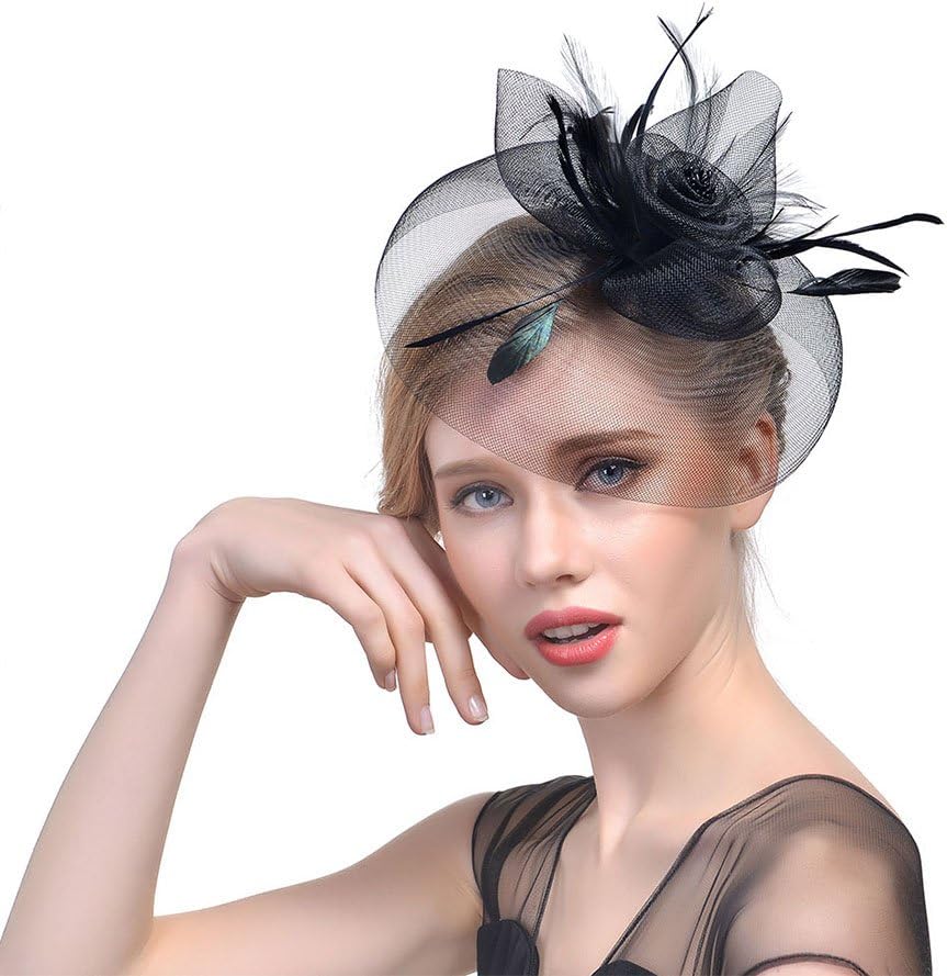 JasmineLi Women's Premium Mesh Feather Hair Hoop Clips Headband - Sinamay Derby Hat Headwear Perfect for Church Wedding Tea Party