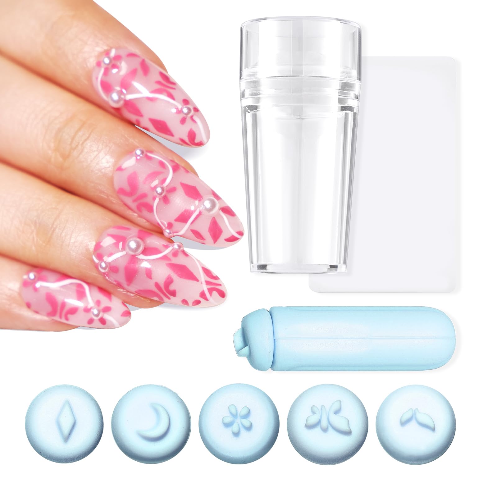 U-Shinein Nail Stamper Kit, French Silicone Nail Stamper Kit & Nail Art Stamp Pen, Nail Art Pen Replaceable Flower Leaf Nail Stamping Tool with Different Patterns Pink Home DIY Nail Art Salon，#Blue