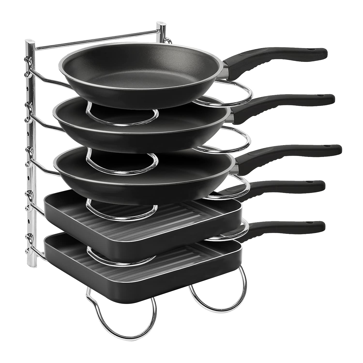 Amtido Pan Organiser Rack and Pot Lid Holder Stand Storage - Kitchen Cupboard Organiser - 5 Tier Height Adjustable Dividers - Heavy Duty - Chrome