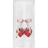 uinwk Strawberry Kitchen Towels, Preppy Coquette Pink Bow Strawberry Hand Towels for Bathroom, Strawberry Dish Towels for Kitchen, Strawberry Bathroom Kitchen Decor, 16x24 Inches