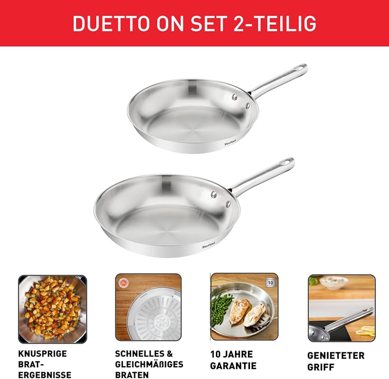 Duetto On Pfannen-Set, 2-tlg. 24/28 cm, unversiegelt, dicker Wärmediffusionsboden, Komfort-Griff, langlebig, für alle Herdarten geeignet, Edelstahl, B866S234