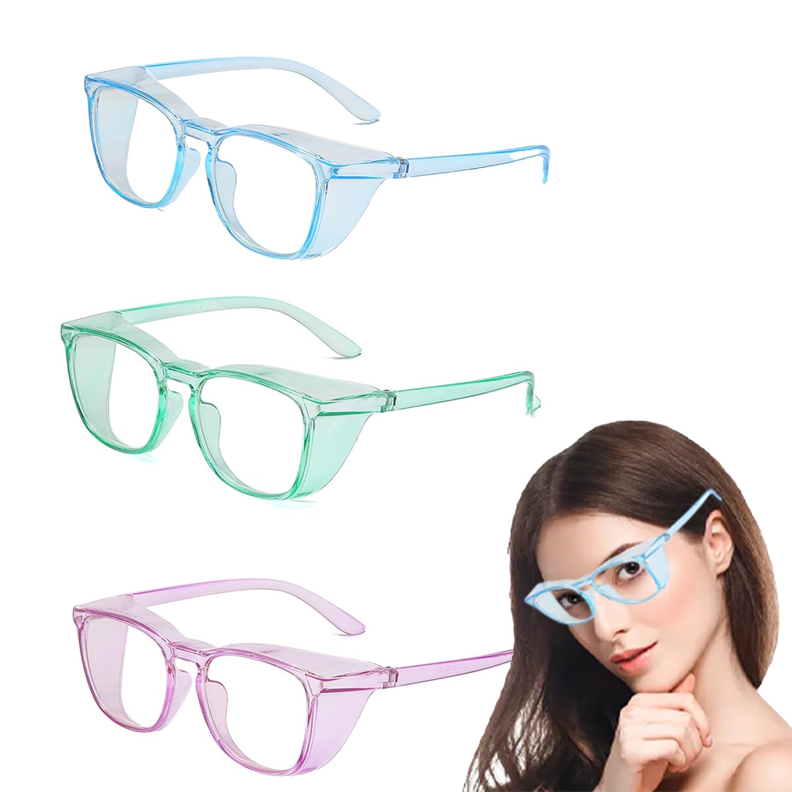 PLATEYTR 3 Pairs Protective Glasses - Transparent Safety Eyewear with Blue Light Blocking, Anti-Fog & Anti-Wind Features for Labs and Ride（Blue, Purple, Green）