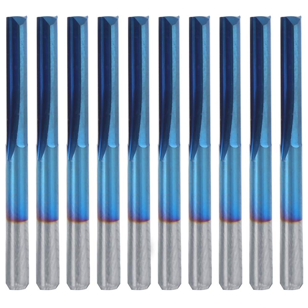 Straight Routing Bit, 3.175mm Shank CNC Router Bits, 10 Pcs Carbide Nano Coating 2-Flute End Mill Cutter, 17mm Blade Grooving Cutting Tools for Acrylic Wood PVC MDF EVA (Blue)