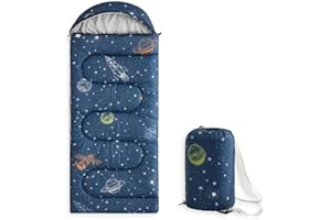 Wake In Cloud - Kids Sleeping Bag for Boys Toddlers, Camping in Warm Cold Weather, Backpacking Lightweight Compact Outdoor Liner for 3 Seasons Summer Spring Fall, Space Galaxy Navy