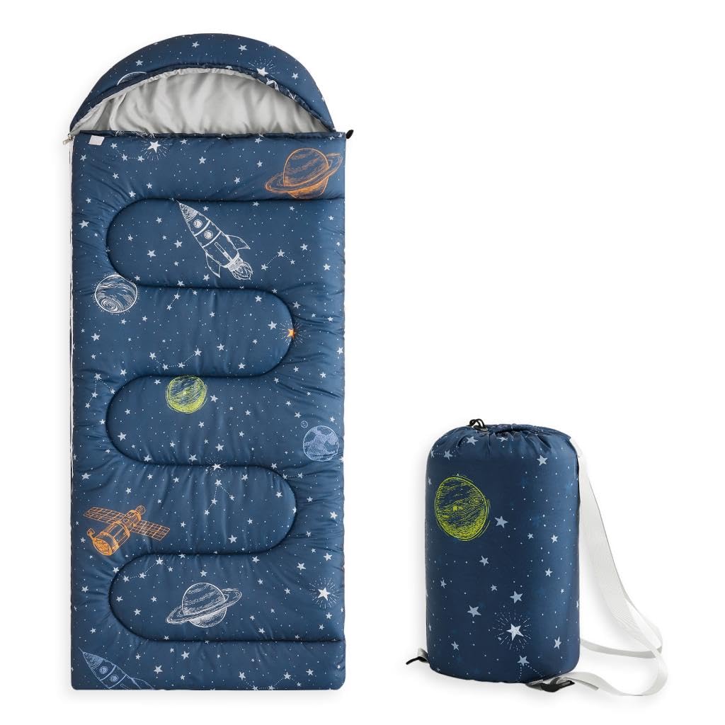 Photo 1 of Wake In Cloud - Kids Sleeping Bag for Boys Toddlers, Camping in Warm Cold Weather, Backpacking Lightweight Compact Outdoor Liner for 3 Seasons Summer Spring Fall, Space Galaxy Navy