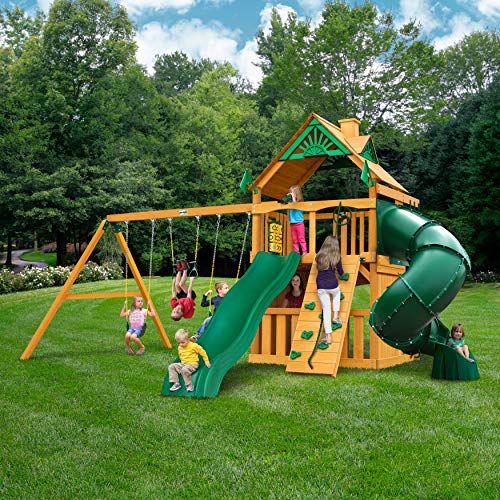 Gorilla Playsets 010033AP Mountaineer Clubhouse Wood Swing Set with Tube Slide, Rock Wall, and