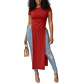 OPOIPIN Women's Crew Neck Split Slit Hem Short Sleeve Slim Fit Tee Top Long Shirt Tunic