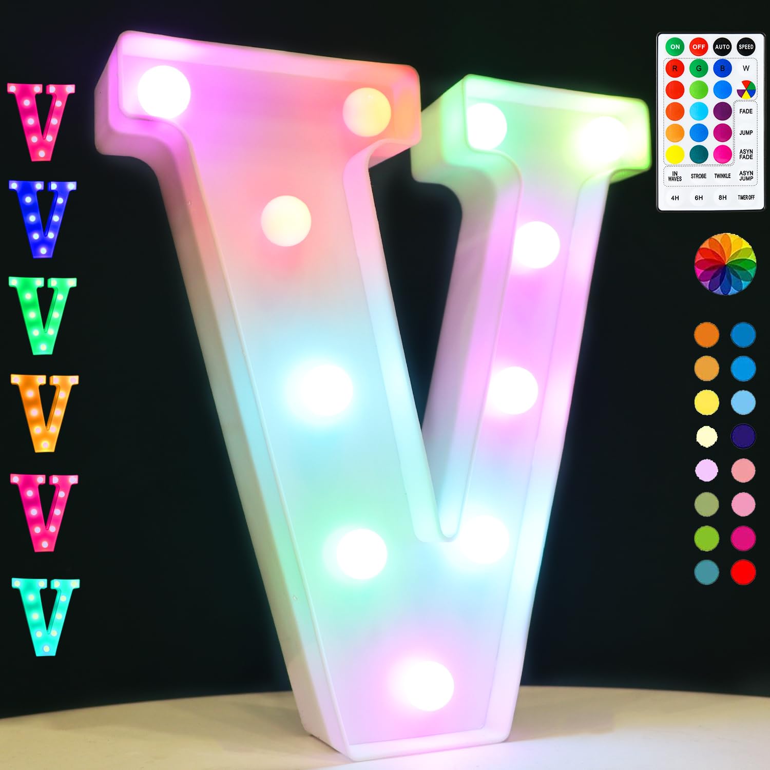 Light Up Colorful LED Marquee Letter Lights, 18 Colors Changing Alphabet Letters Sign with Remote Timer for Night Light Wedding Birthday Party Lamp Christmas Home Bar Decor- Colorful V