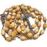 Nazareth Store Olive Wood Beaded Rosary Necklace with Holy Mary Medal & Bronze Cross Crucifix Catholic Handmade Prayer Beads Religious Gift for Men & Women