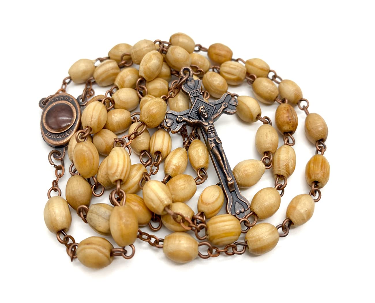 Nazareth Store Olive Wood Beads Rosary Bronze Chaplet Necklace Catholic Holy Mary Medal & Cross Crucifix