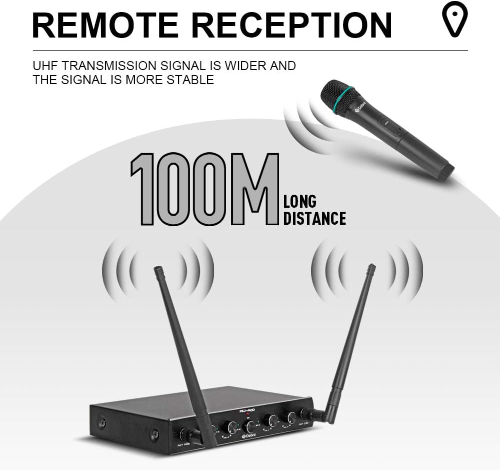 Debra Audio Pro UHF 4 Channel Wireless Microphone System with Cordless Handheld Lavalier Headset Mics, Metal Receiver, Ideal for Karaoke Church Party (with 2 Handheld & 2 Bodypack (A)): Home Audio & Theater