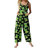 Womens St Patricks Day Outfit Leprechaun Shamrock Summer Checkered Overalls Costume Loose Fit Wide Leg Women Jumpsuits