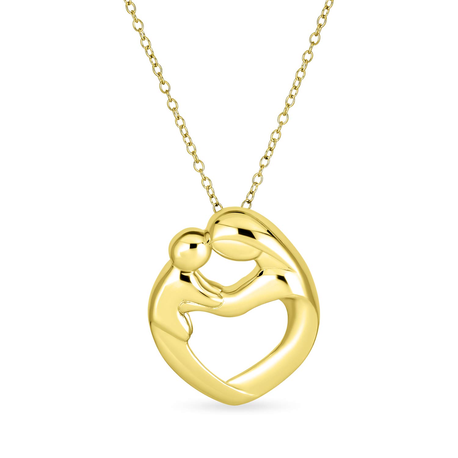 Bling Jewelry Family Parent New Mother Mom Loving Son Child Daughter Heart Shaped Pendant Necklace For Women Yellow Gold Plated .925 Sterling Silver