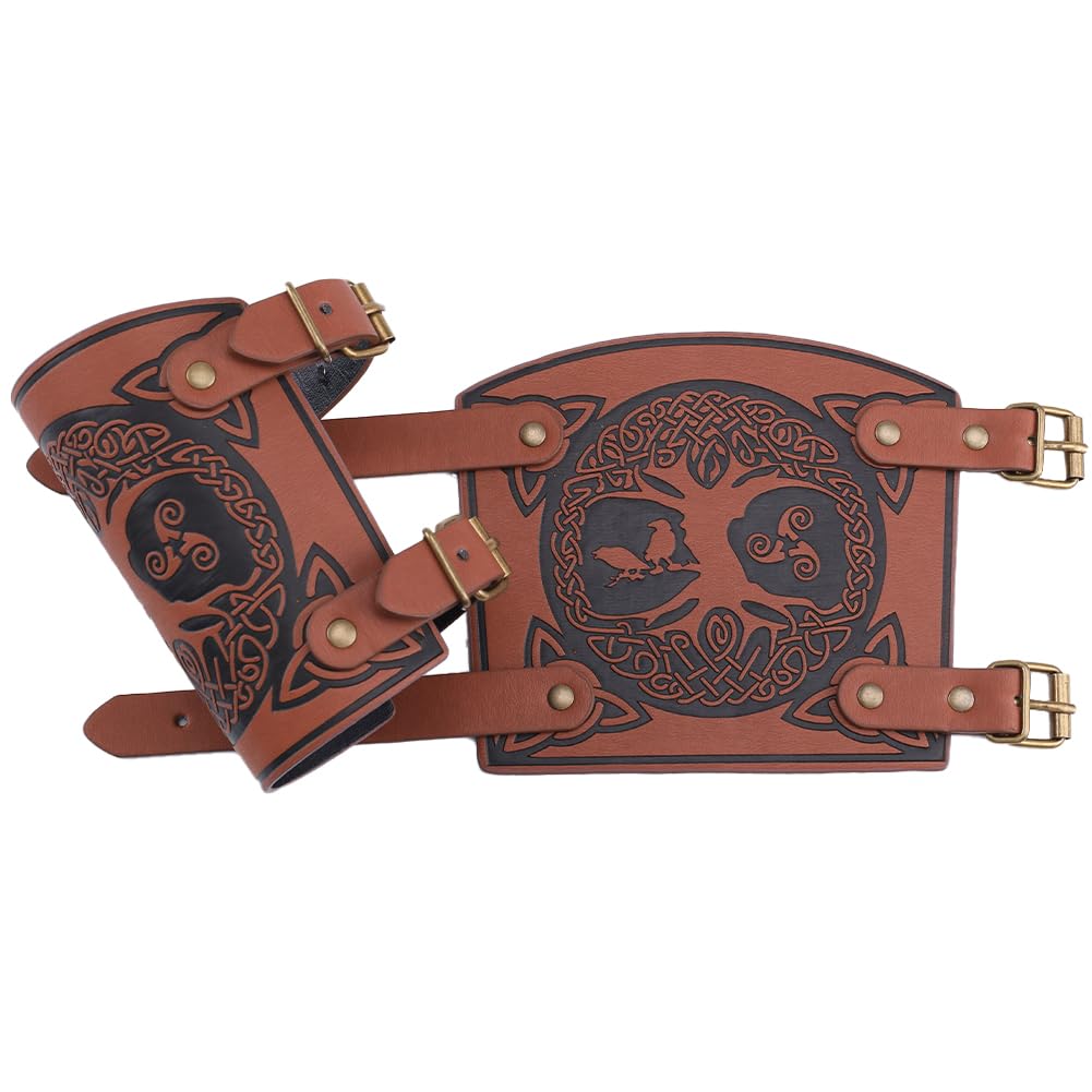 GORGECRAFT 2PCS World Tree Embossed Leather Arm Bracers Viking Leather Gauntlet Wristband Knight Arm Armor Cuff Archery Buckle Bracers for Halloween Outdoor Role-Playing Gothic Knight Costumes, Sienna