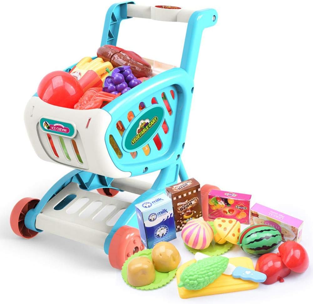 Tawcal Shopping Cart Toy for Toddlers, Shopping Trolley for Children Mini Supermarket Basket with Food Accessories Groceries Pretend Play Kitchen Game Toy for Kids