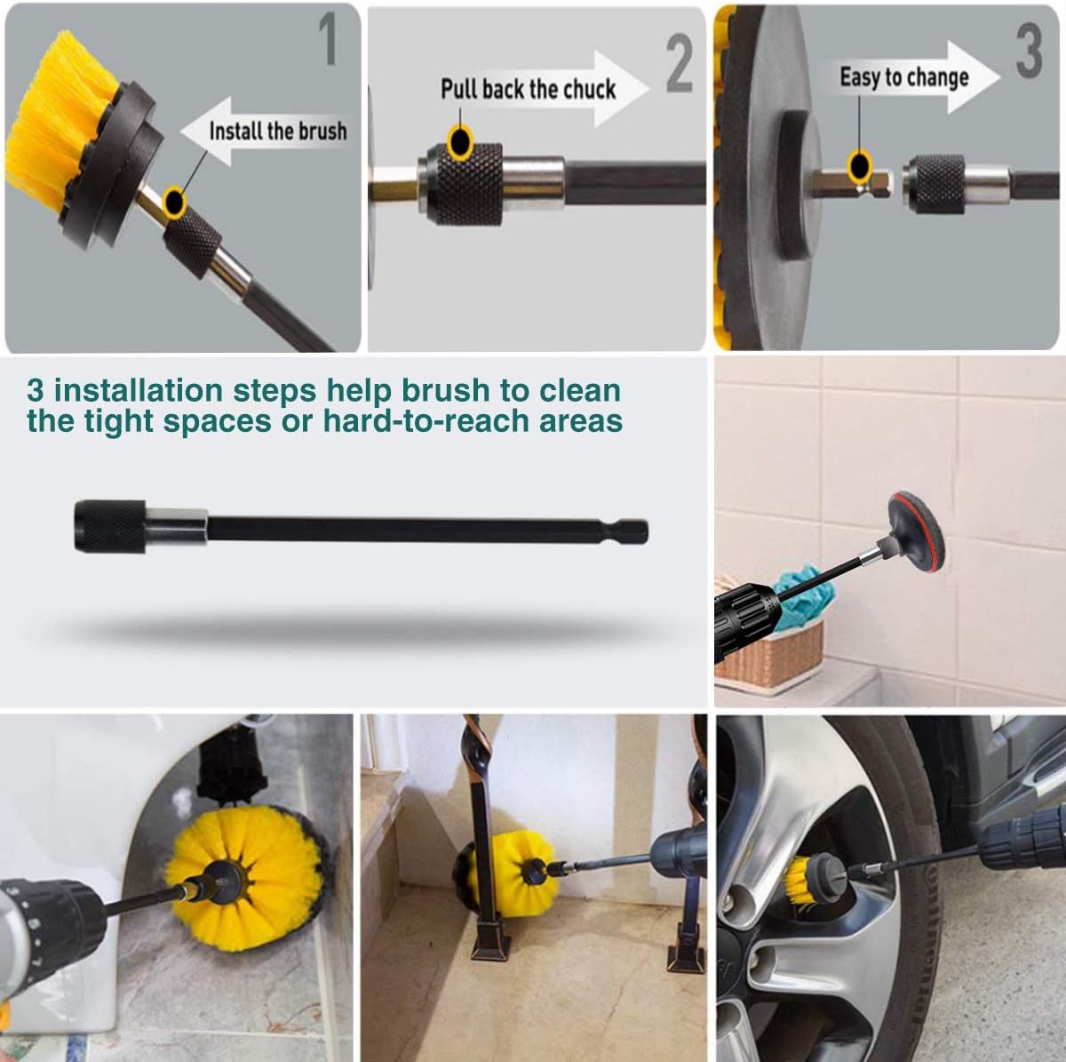 23 Piece Drill Brush Attachment Set, JUSONEY Power Scrubber Drill Brush Kit, Scrub Brush With Extend Long Attachment, Scrubing Pads Cleaning Kit For Tile Sealants, Bathtub, Sinks, Floor, Wheel, Carpet: Kitchen & Dining