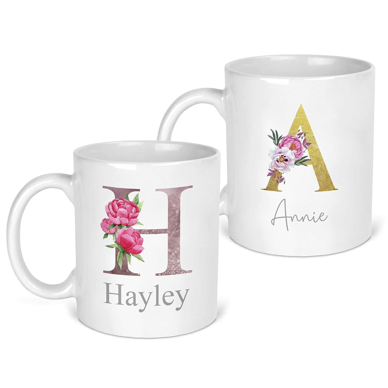 Personalised Mug Floral Initial with Name, Initial Mug, Gold, Rose Gold