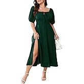 Women's Plus Size Summer Dress Short Sleeve Square Neck Milkmaid Dress Tie Front Split A-Line Maxi Long Dresses