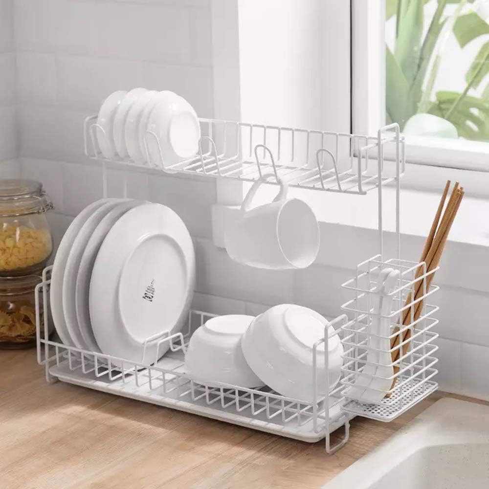 XHHXPY 2-Layer Dish Drying Rack with Drip Tray with Utensil Silverware Storage Holder Wrought Iron Kitchen Plates Organizer Stoarge Shelf,White