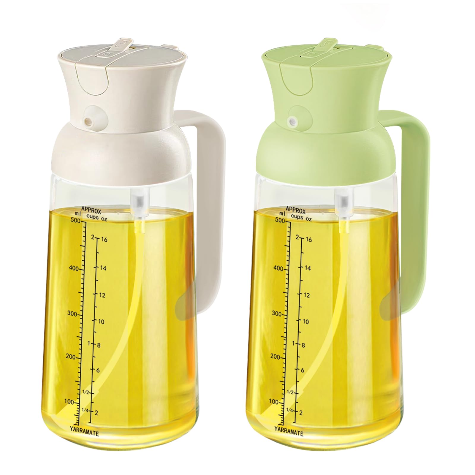 Photo 1 of ***(HEAVILY USED/ MINOR DAMAGE)***YARRAMATE 2Pcs Large Capacity 2 in 1 Oil Sprayer for Cooking with Measuring, 18oz/550ml Olive Oil Dispenser for Kitchen, Food-grade Oil Spritzer Bottle for Air Fryer, Salad BBQ(Green & White)