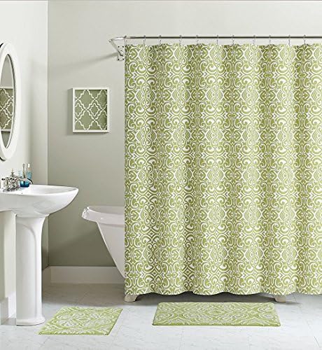 Green White Damask Cotton Fabric Shower Curtain