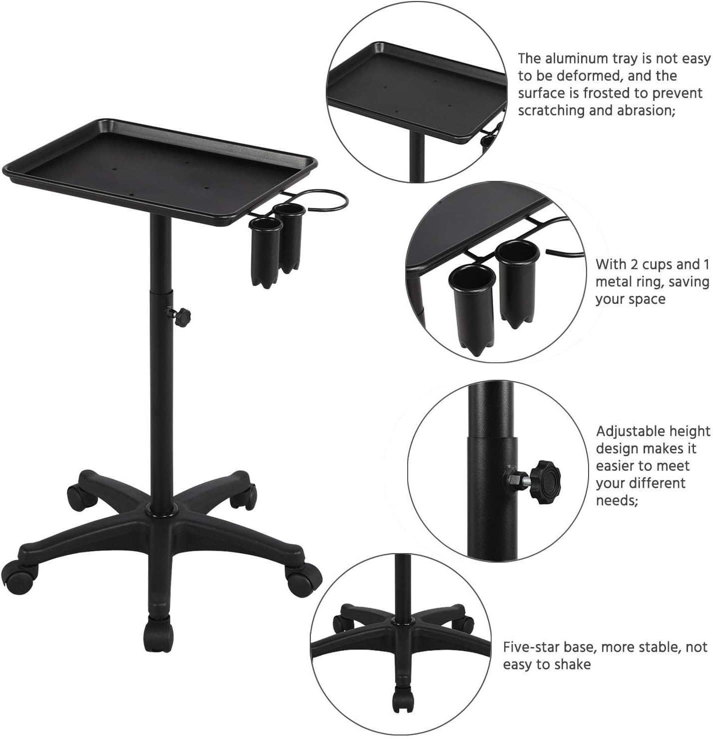 Yaheetech Beauty Rolling Aluminum Tray Cart Utility Cart, Hair Salon Service Instrument Trolley Stand with 5 Casters and Accessory Caddy for Bathroom Office Black: Health & Personal Care