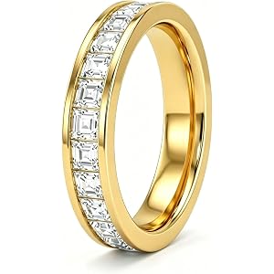 Konpicca CZ Eternity Rings for Women 14K Gold Plated or Platinum 3.5mm/7mm Non Tarnish Stainless Steel Stackable Princess Cut