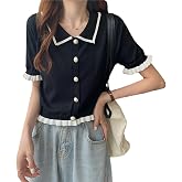 Chic Korean Style Academy Style, Contrasting Navy Collar, Versatile Bubble Sleeve Shirt, Loose top, Elegant Goddess