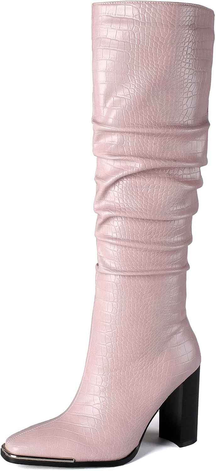 vivianly Knee High Block Heel Boots Square Toe Boot for