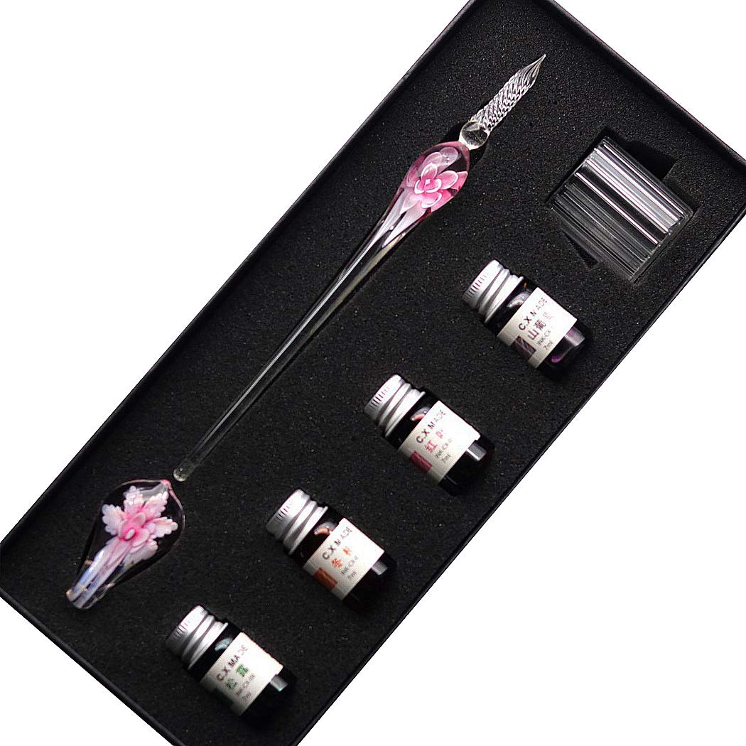 SIPLIV Handmade Crystal Glass Intarsia Dip Pen Fountain Pen Kit Calligraphy Signatures Pen with 4 Colors Ink, Pen Holder, Cleaning Cup, Pink
