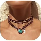 Nexoluxa Boho Choker Necklace for Women Western Leather Shell Cord Trendy Layered Western Turquoise Accessories Necklaces Jewelry for Women