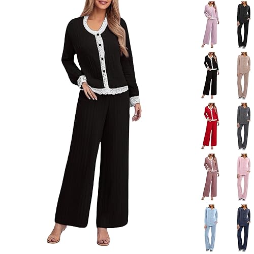 DUHGBNE womens cotton pyjamas Women’s Knit Pajama Set Sleepwear Breathable Moisture Wicking Loungewear with Pockets Non Itch Comfort for Winter S fleece womens pyjamas