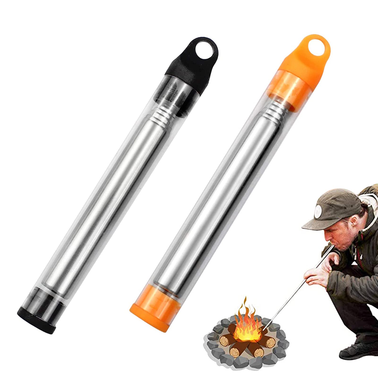 SacJkt Stainless Steel Pocket Bellow, Collapsible Blow Fire Tube, 2 Pack Eight-Section Fire Blowpipe for Outdoor Survival, Camping, Barbecue, Picnic