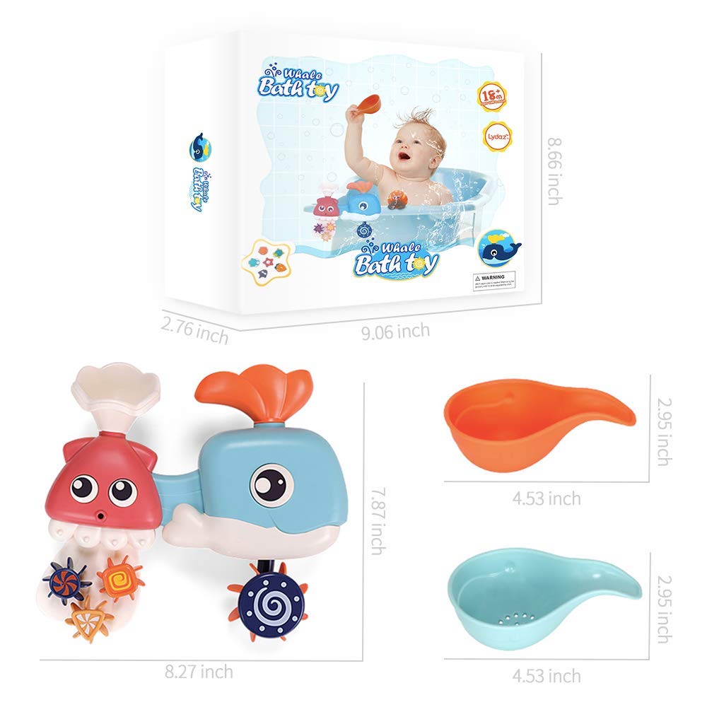 Lydaz Baby Bath Toys, Whale Waterfall with Organizer - Sea Animal Floating Squirt Toys (6 Pack) - Bathtub Toys for Toddlers Kids 1 2 3 Year Old