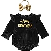 Lamuusaa Newborn Baby Girl New Year Outfit ''Happy New Year'' Letter Romper Ruffle Bodysuit Shirts Headband Spring Outfit