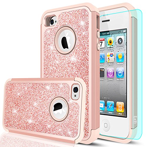 iPhone 4S Case,iPhone 4 Case with HD Screen Protector,LeYi Glitter Bling Cute Girls Women Design [PC Silicone Leather] Dual Layer Heavy Duty Protective Phone Case for iPhone 4/4S/4G TP Rose Gold