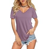 Amoretu Womens T Shirts V Neck Short Sleeve Tshirt Basic Tee Curved Hem Tops