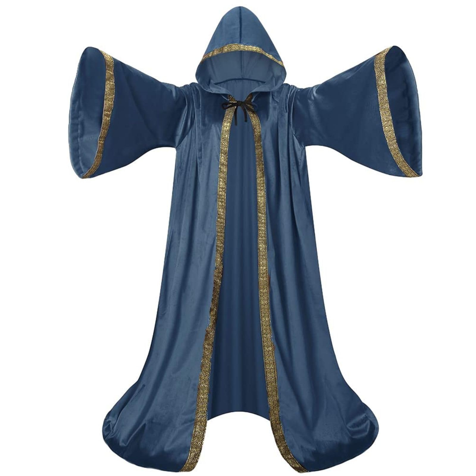 HAPNBCELE Velvet Wizard Robe Cloak with Hood Men Women, Sorcerer Renaissance Costume Medieval Cape Long Sleeve Halloween (Blue, 67"/170CM)