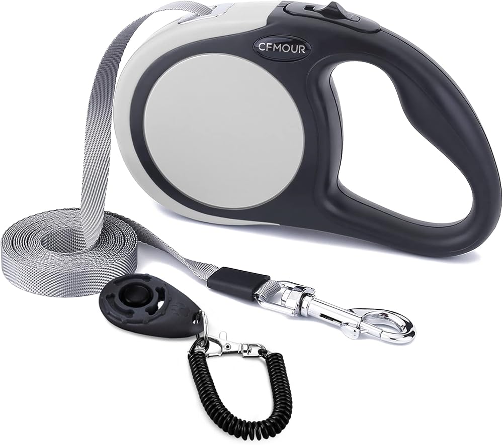 CFMOUR Retractable Dog Lead 5m 20kg Grey Heavy-Duty Extendable Nylon Tape Leash