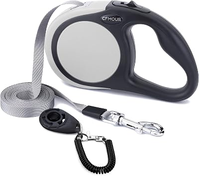 CFMOUR Retractable Dog Lead 5m 20kg Grey Heavy-Duty Extendable Nylon Tape Leash
